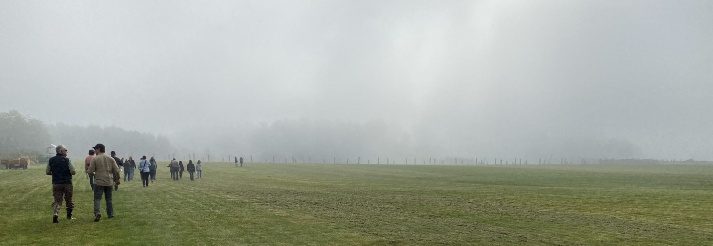 satsop river a photo of a group of around a dozen people walking through a foggy field. The background of the photo is obscured by the fog.