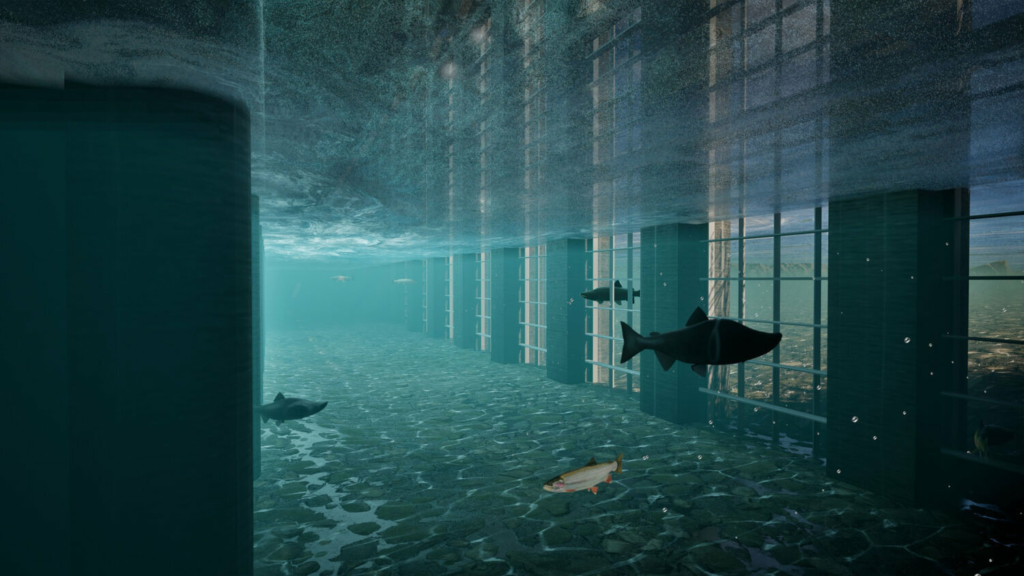 A rendering of salmon passing below a proposed flow-through dam for flood control. 